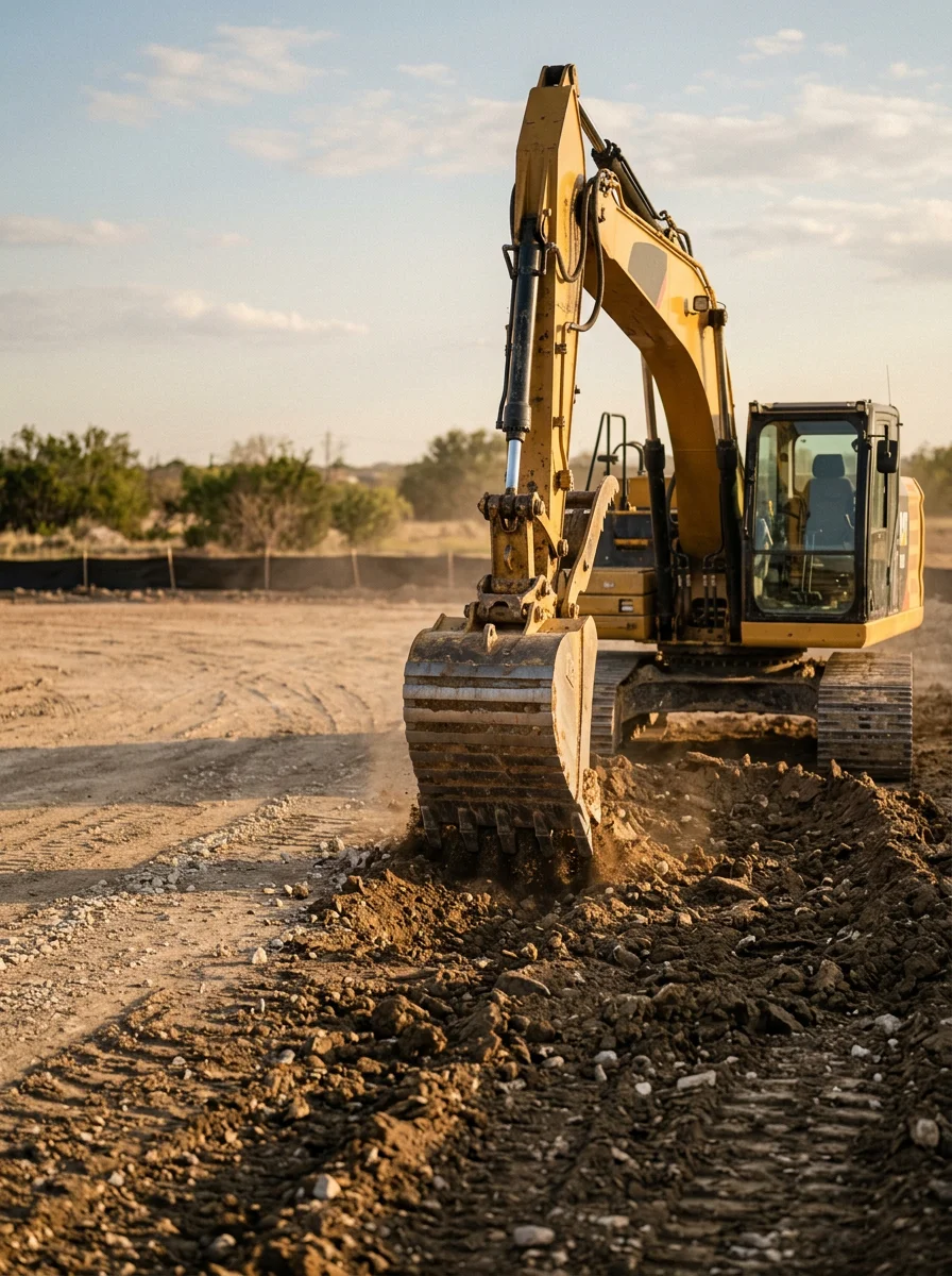 Heavy excavation equipment grading a commercial pad site in Cleburne with clay soil and limestone subgrade visible