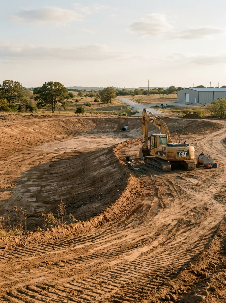 Retention pond installation and grading work on a commercial development site in Godley, Johnson County