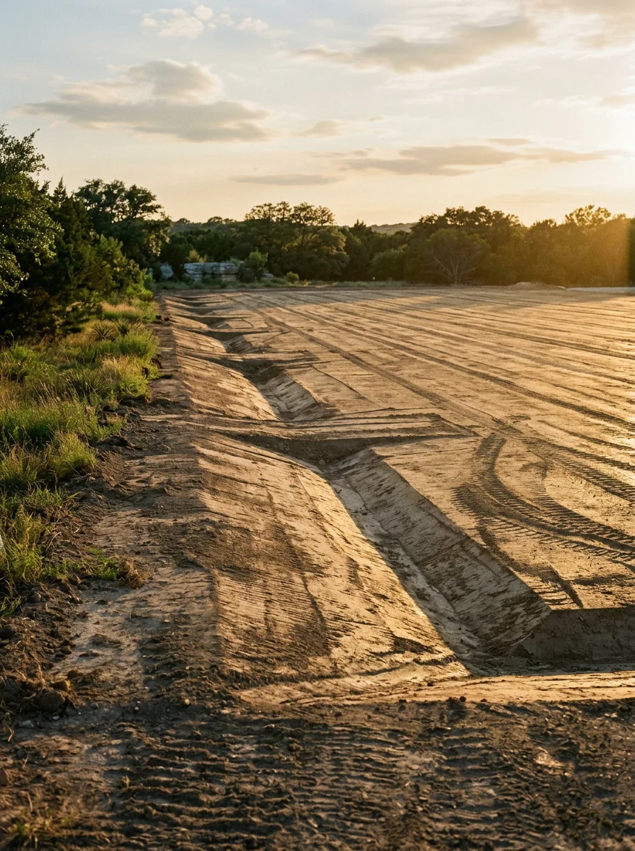 Completed commercial site pad with proper slope and drainage grading in Granbury, Texas