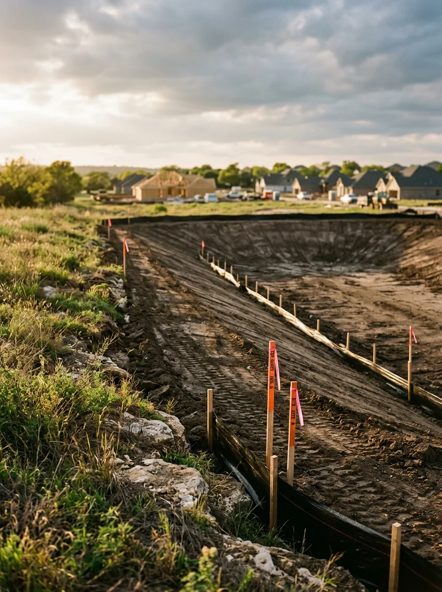 Retention pond installation and site preparation for multi-phase residential development in Grandview, Johnson County