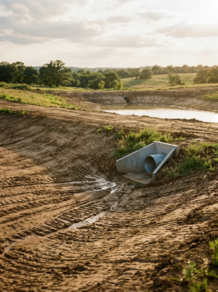Retention pond installation in Hill County showing clay embankment compaction and drainage outlet structure for Blackland Prairie water management