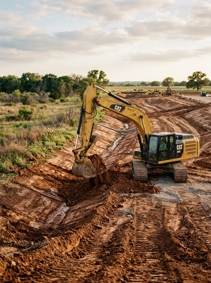 Heavy excavation equipment grading a commercial pad site on clay soil in Itasca with drainage channels visible
