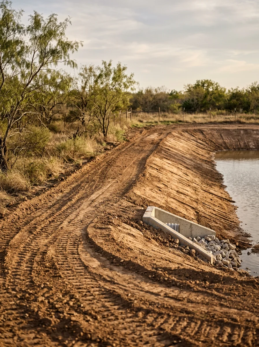 Completed retention pond installation with proper slope grading on Parker County property near Weatherford