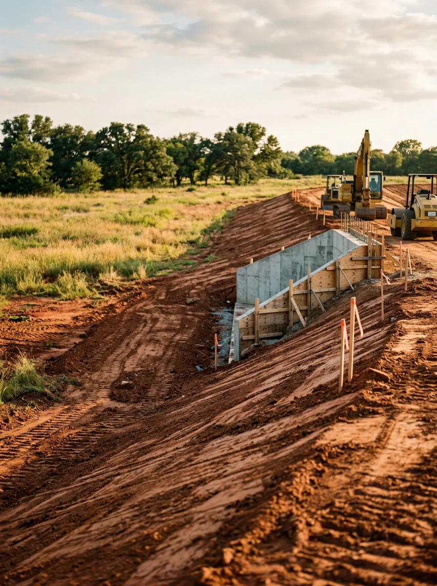 Retention pond under construction in Hill County showing clay compaction and spillway installation
